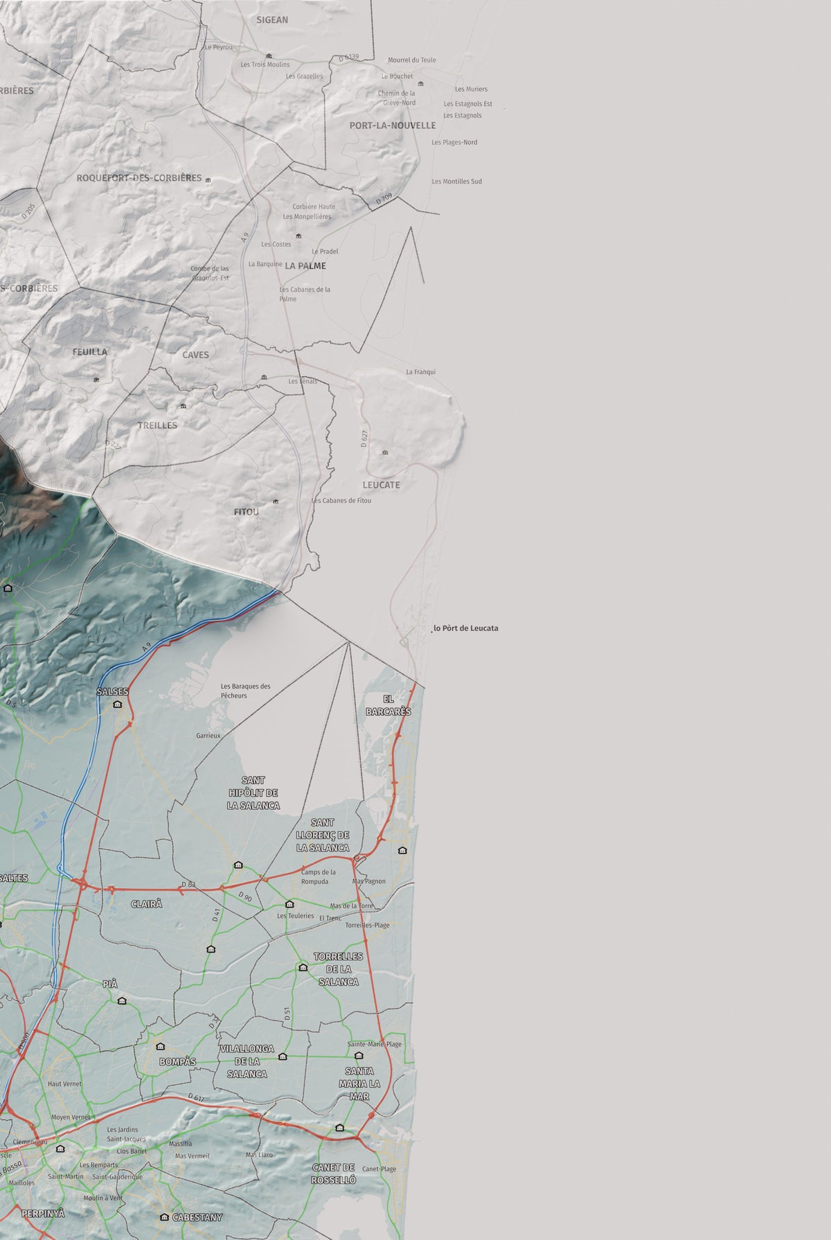 Mapa de relieve del Rosselló, con el territorio en color y el entorno en blanco. Detalle de la zona superior derecha. 61 × 91 cm. Estilo Azul y naranja.