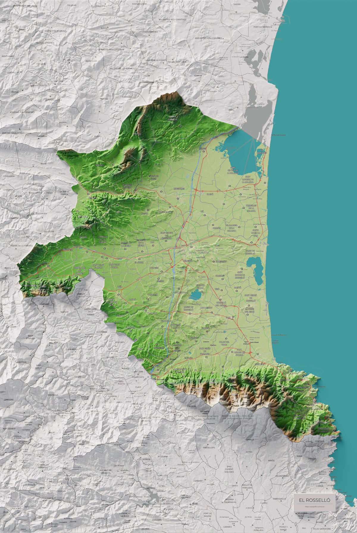 Mapa de relieve del Rosselló, con el territorio en color y el entorno en blanco. Vista completa de la lámina. 61 × 91 cm. Estilo Clásico.
