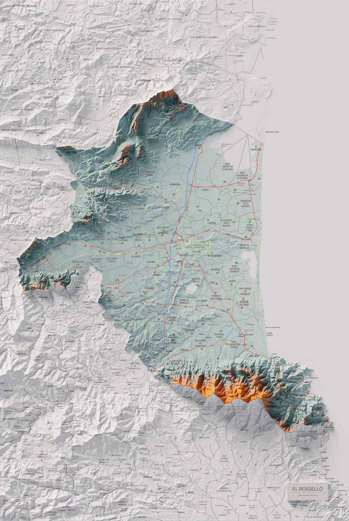 Mapa de relieve del Rosselló, con el territorio en color y el entorno en blanco. Vista completa de la lámina. 61 × 91 cm. Estilo Azul y naranja.