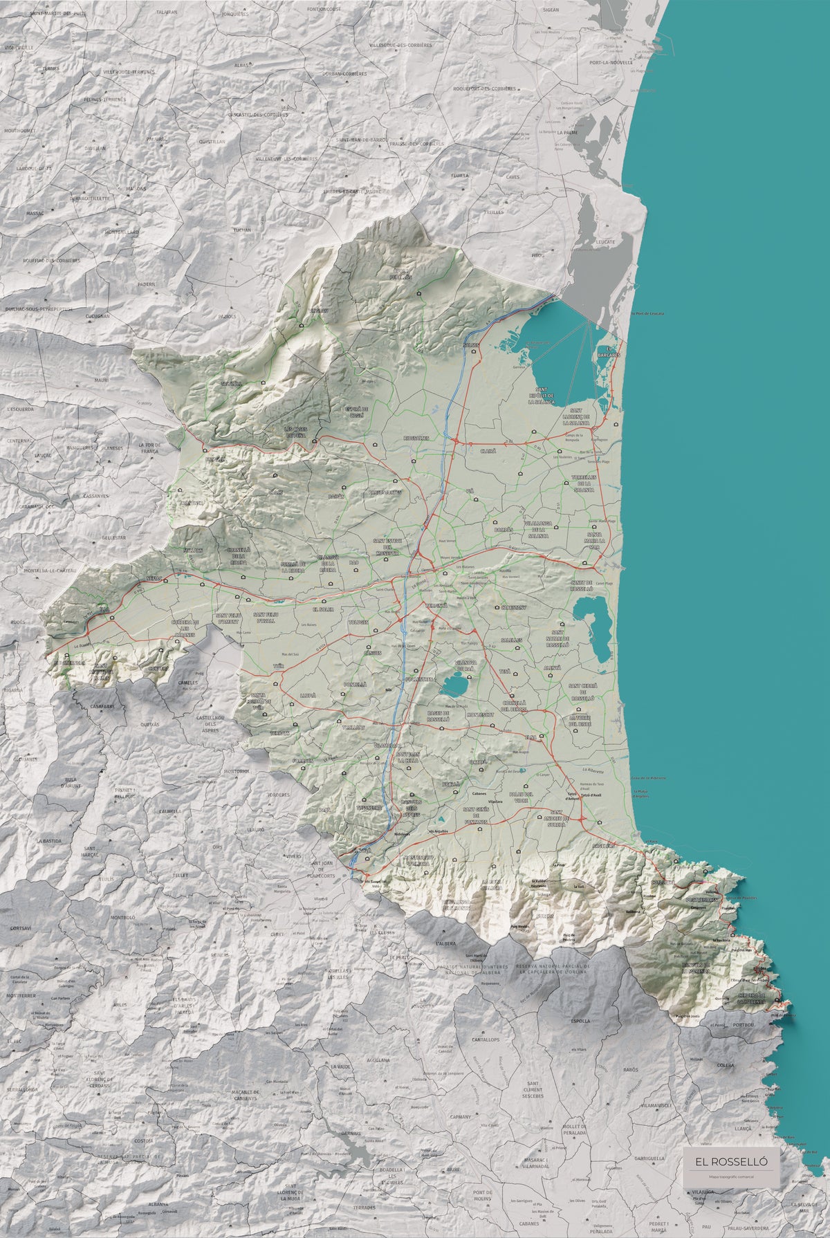Mapa de relieve del Rosselló, con el territorio en color y el entorno en blanco. Vista completa de la lámina. 61 × 91 cm. Estilo Cartográfico.