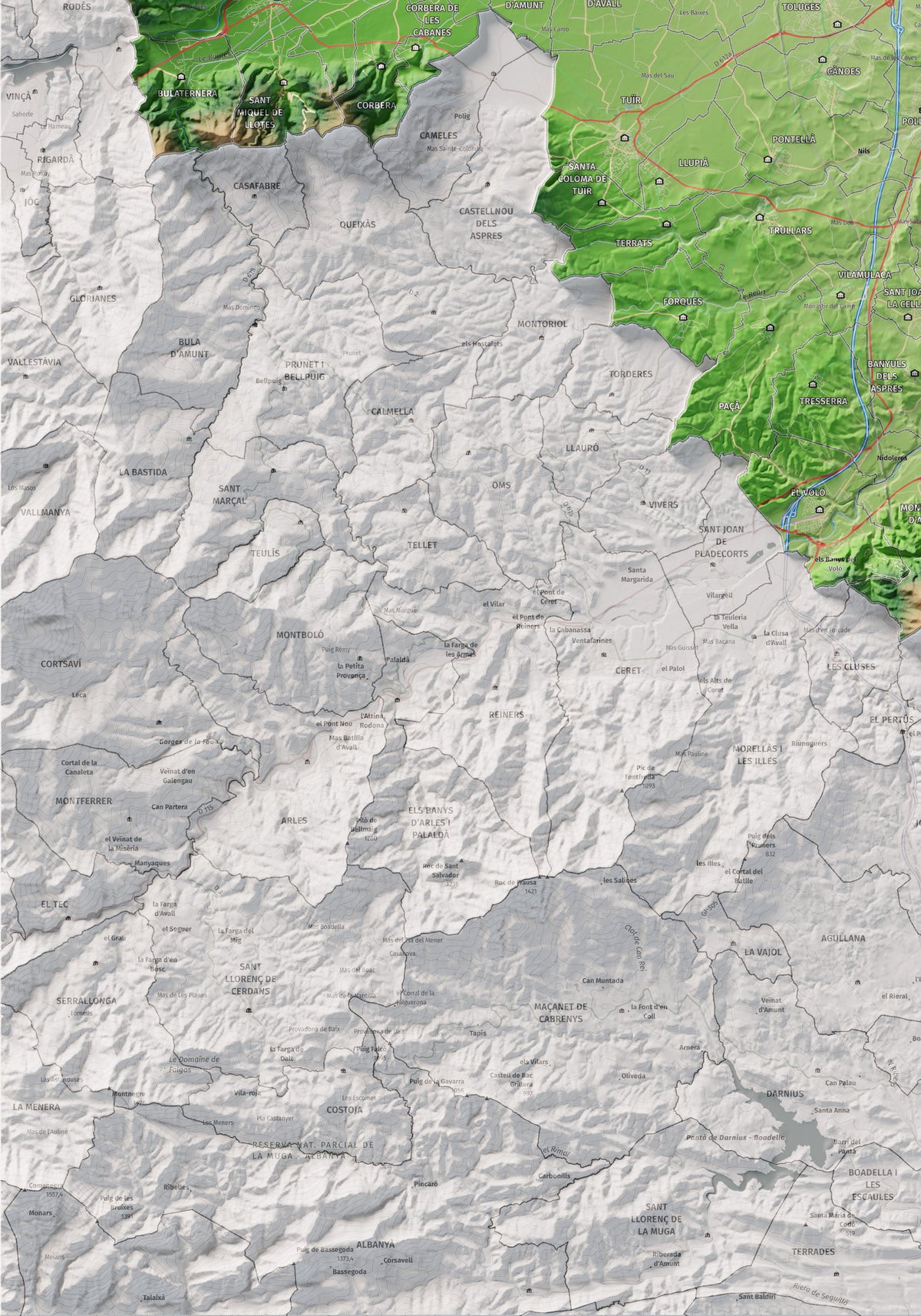 Mapa de relieve del Rosselló, con el territorio en color y el entorno en blanco. Detalle de la zona inferior izquierda. 70 × 100 cm. Estilo Clásico.