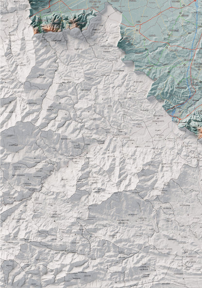 Mapa de relieve del Rosselló, con el territorio en color y el entorno en blanco. Detalle de la zona inferior izquierda. 70 × 100 cm. Estilo Azul y naranja.