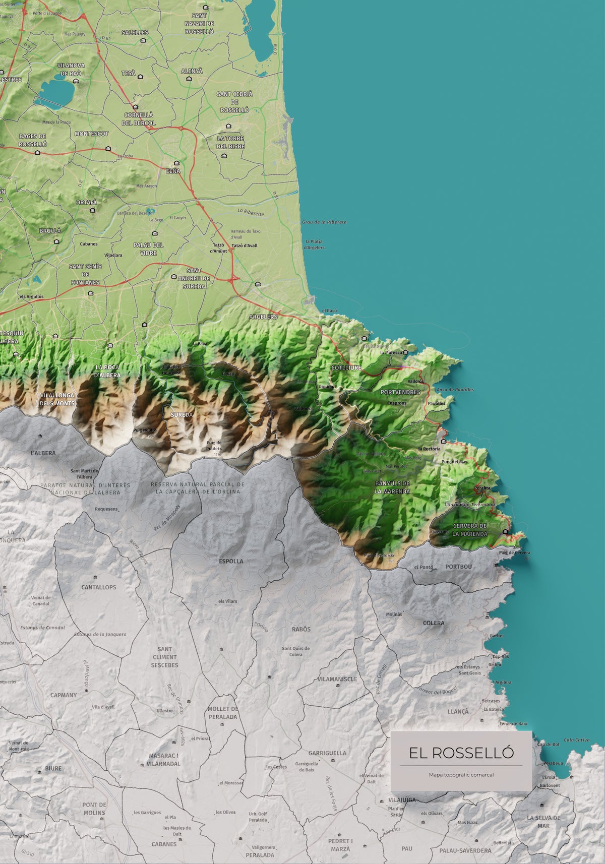 Mapa de relieve del Rosselló, con el territorio en color y el entorno en blanco. Detalle de la zona inferior derecha. 70 × 100 cm. Estilo Clásico.