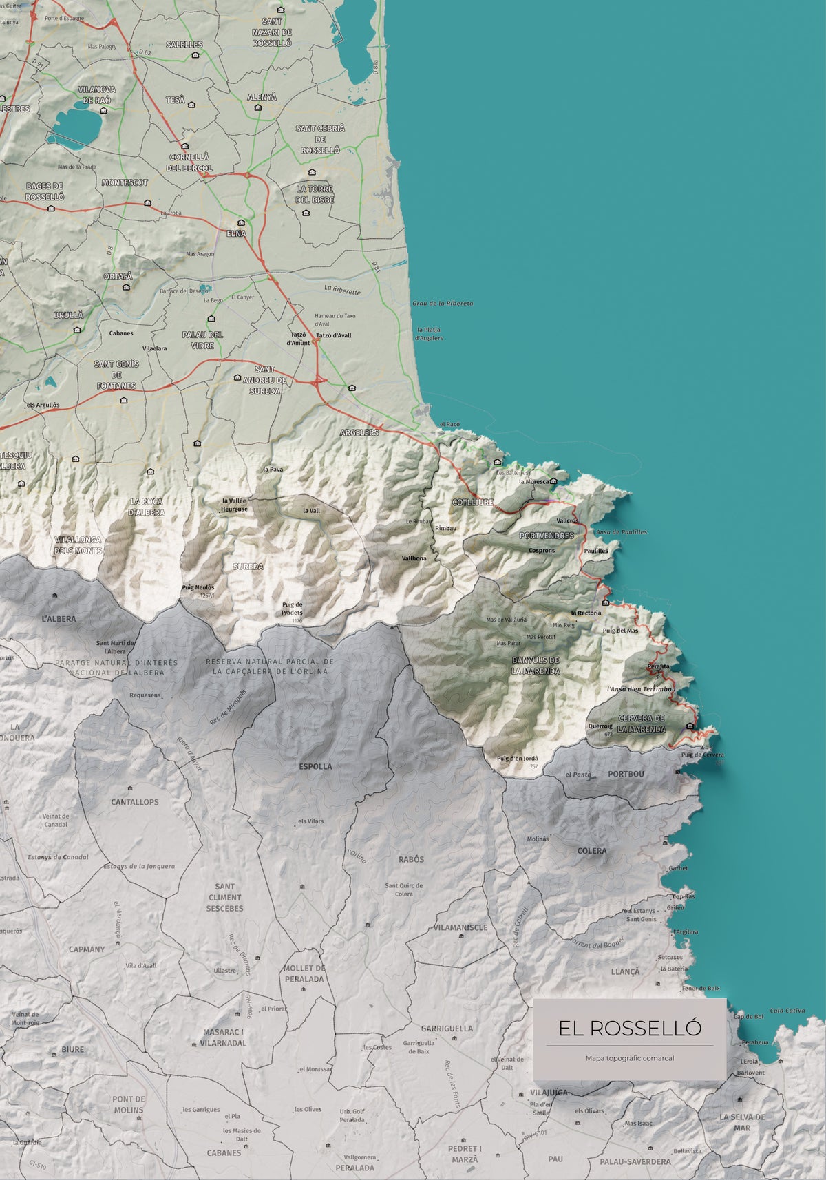 Mapa de relieve del Rosselló, con el territorio en color y el entorno en blanco. Detalle de la zona inferior derecha. 70 × 100 cm. Estilo Cartográfico.