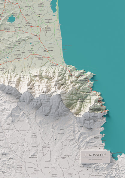 Mapa de relieve del Rosselló, con el territorio en color y el entorno en blanco. Detalle de la zona inferior derecha. 70 × 100 cm. Estilo Cartográfico.