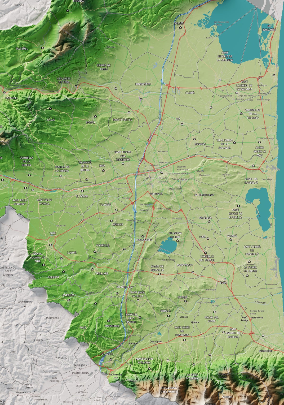 Mapa de relieve del Rosselló, con el territorio en color y el entorno en blanco. Detalle de la zona central. 70 × 100 cm. Estilo Clásico.
