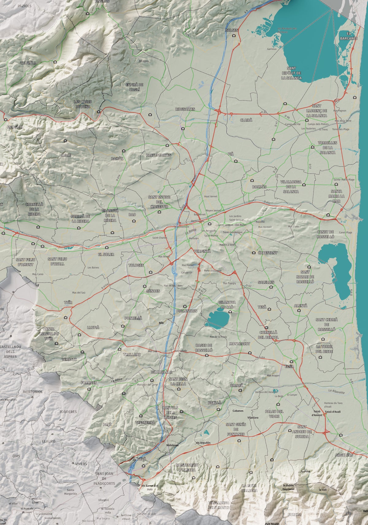 Mapa de relieve del Rosselló, con el territorio en color y el entorno en blanco. Detalle de la zona central. 70 × 100 cm. Estilo Cartográfico.