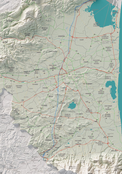 Mapa de relieve del Rosselló, con el territorio en color y el entorno en blanco. Detalle de la zona central. 70 × 100 cm. Estilo Cartográfico.