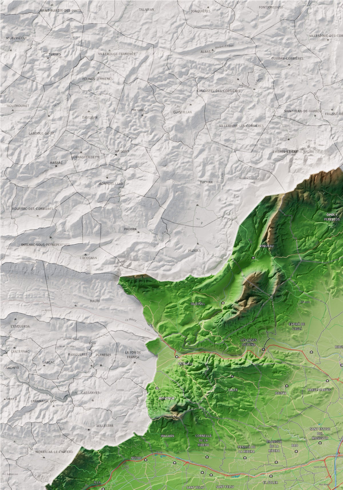 Mapa de relieve del Rosselló, con el territorio en color y el entorno en blanco. Detalle de la zona superior izquierda. 70 × 100 cm. Estilo Clásico.