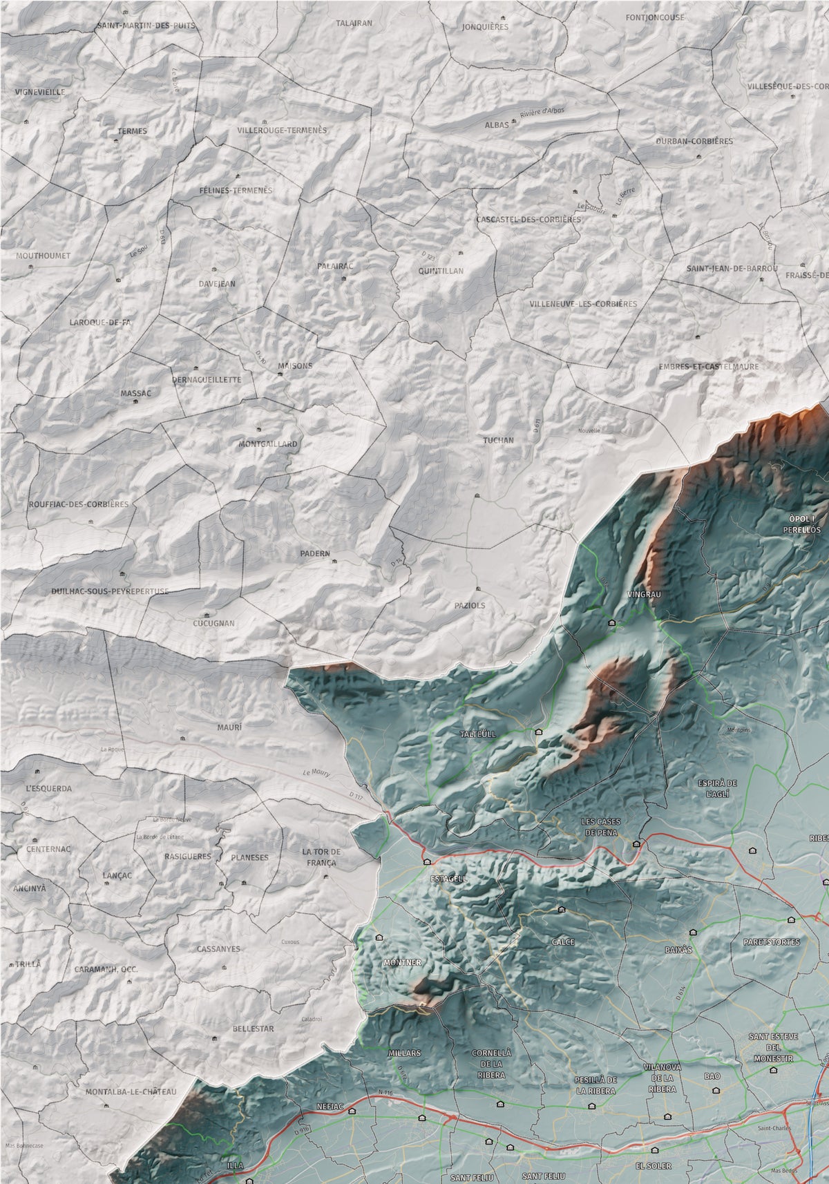 Mapa de relieve del Rosselló, con el territorio en color y el entorno en blanco. Detalle de la zona superior izquierda. 70 × 100 cm. Estilo Azul y naranja.
