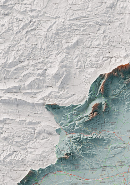 Mapa de relieve del Rosselló, con el territorio en color y el entorno en blanco. Detalle de la zona superior izquierda. 70 × 100 cm. Estilo Azul y naranja.