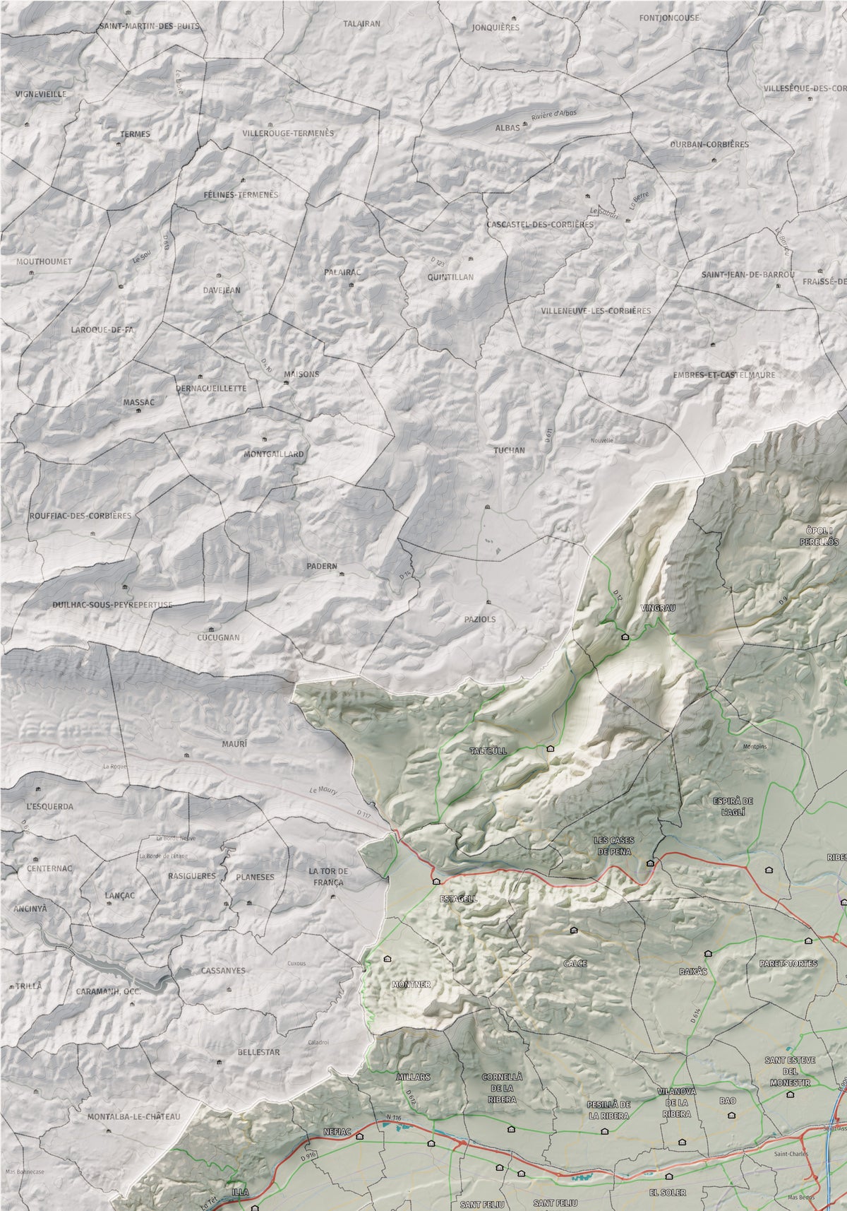 Mapa de relieve del Rosselló, con el territorio en color y el entorno en blanco. Detalle de la zona superior izquierda. 70 × 100 cm. Estilo Cartográfico.