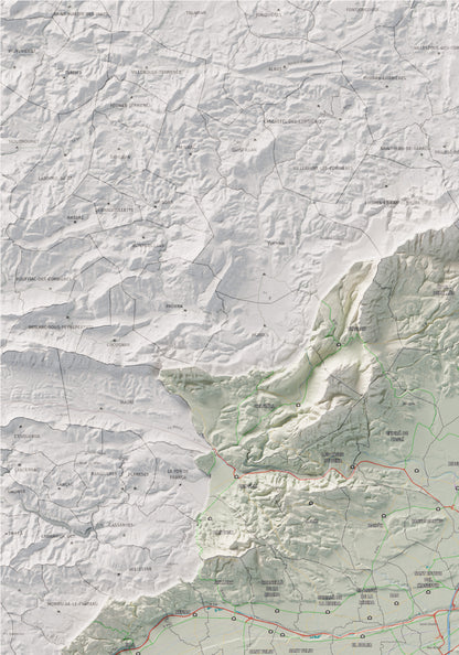 Mapa de relieve del Rosselló, con el territorio en color y el entorno en blanco. Detalle de la zona superior izquierda. 70 × 100 cm. Estilo Cartográfico.