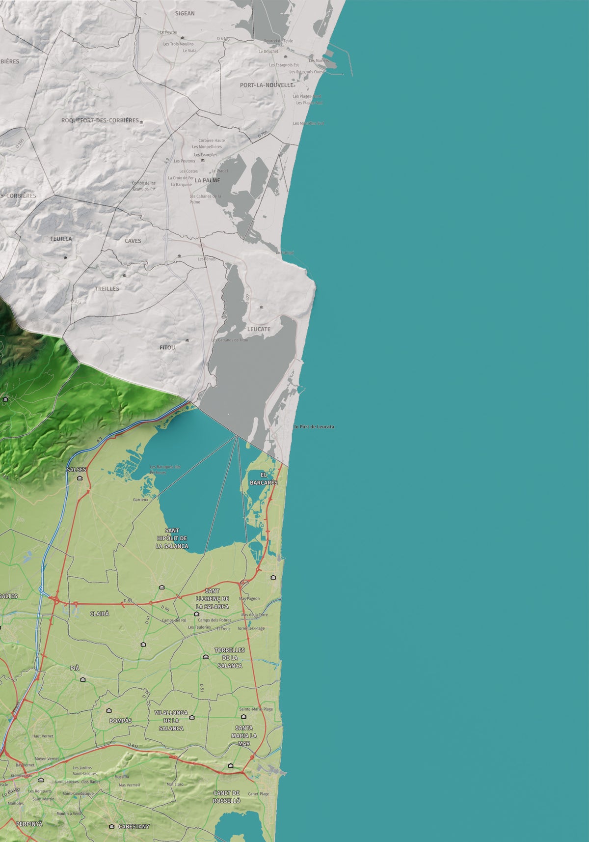 Mapa de relieve del Rosselló, con el territorio en color y el entorno en blanco. Detalle de la zona superior derecha. 70 × 100 cm. Estilo Clásico.
