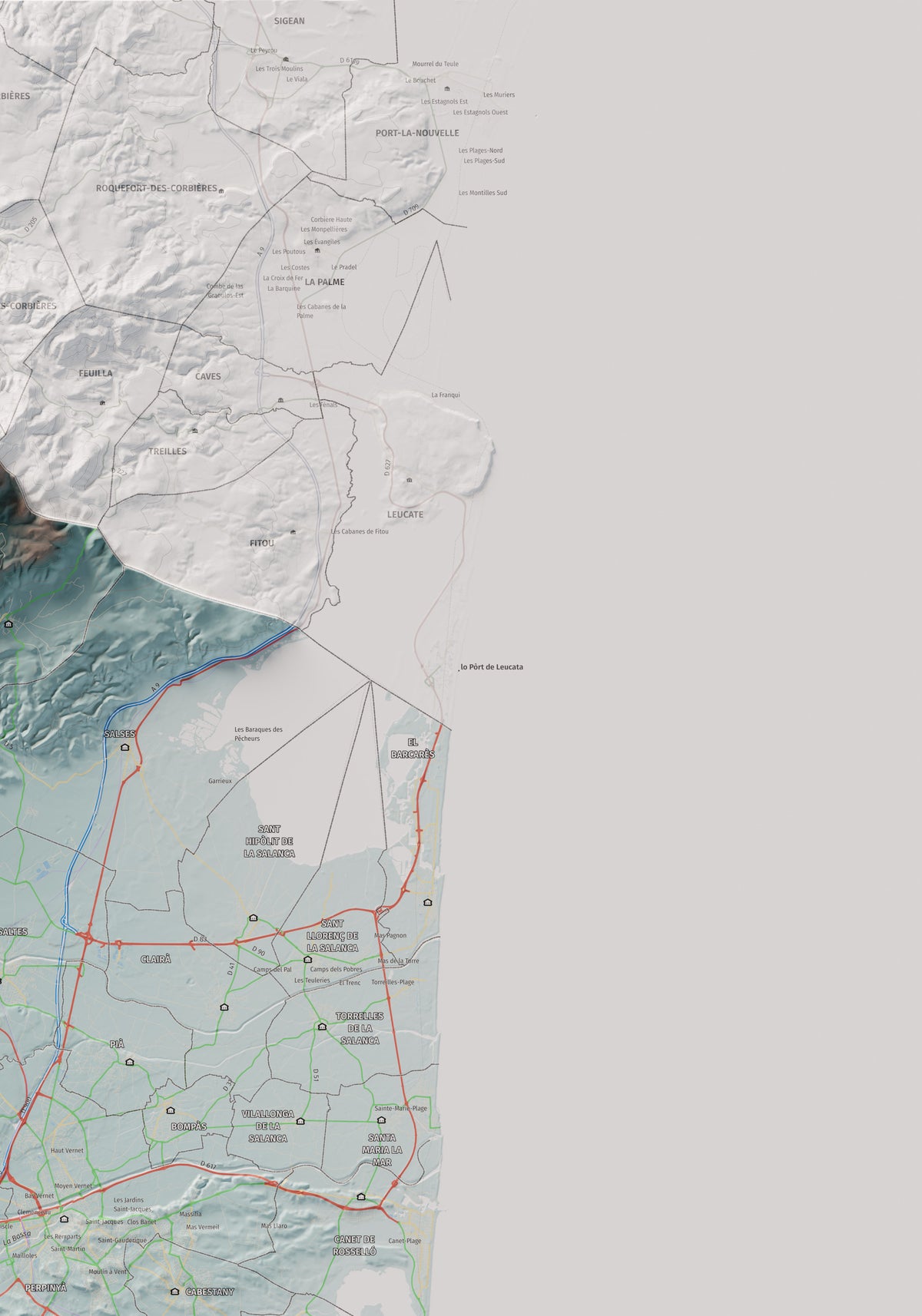 Mapa de relieve del Rosselló, con el territorio en color y el entorno en blanco. Detalle de la zona superior derecha. 70 × 100 cm. Estilo Azul y naranja.
