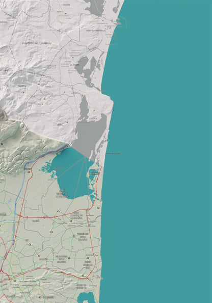 Mapa de relieve del Rosselló, con el territorio en color y el entorno en blanco. Detalle de la zona superior derecha. 70 × 100 cm. Estilo Cartográfico.