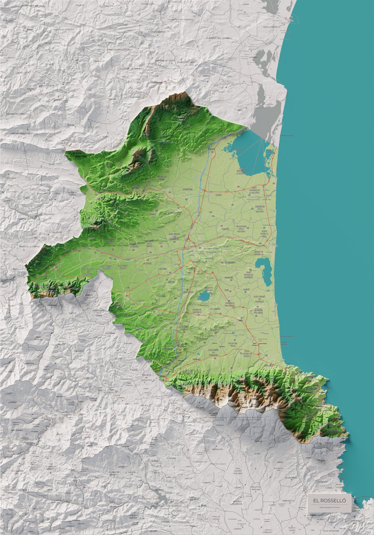 Mapa de relieve del Rosselló, con el territorio en color y el entorno en blanco. Vista completa de la lámina. 70 × 100 cm. Estilo Clásico.