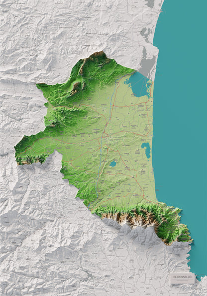 Mapa de relieve del Rosselló, con el territorio en color y el entorno en blanco. Vista completa de la lámina. 70 × 100 cm. Estilo Clásico.