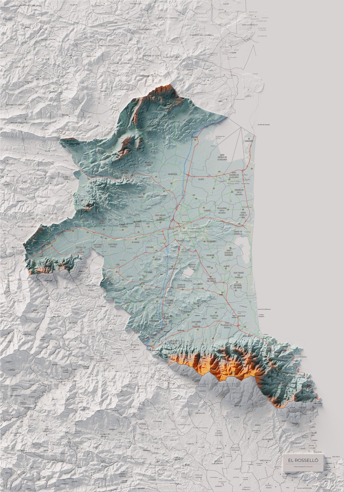 Mapa de relieve del Rosselló, con el territorio en color y el entorno en blanco. Vista completa de la lámina. 70 × 100 cm. Estilo Azul y naranja.