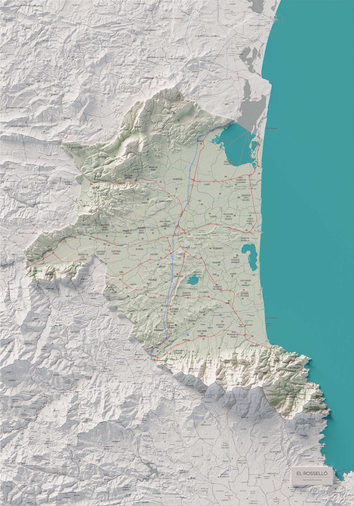 Mapa de relieve del Rosselló, con el territorio en color y el entorno en blanco. Vista completa de la lámina. 70 × 100 cm. Estilo Cartográfico.