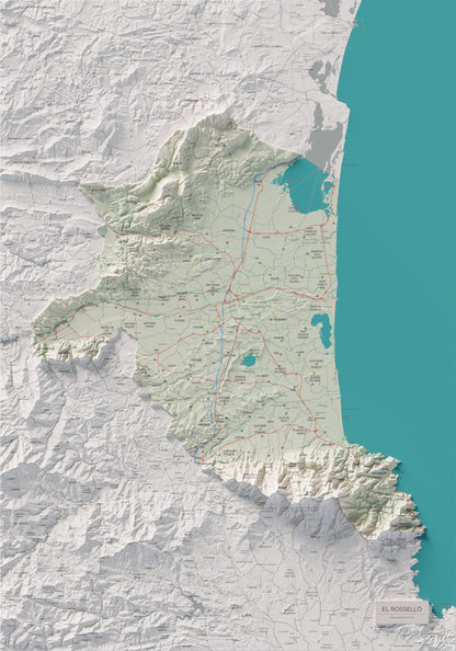 Mapa de relieve del Rosselló, con el territorio en color y el entorno en blanco. Vista completa de la lámina. 70 × 100 cm. Estilo Cartográfico.