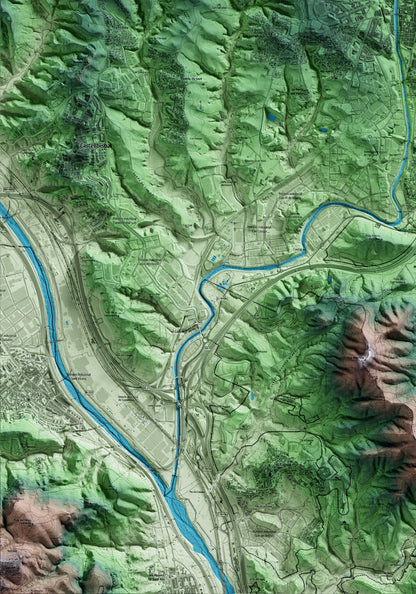 Mapa artístico del relieve de Rubí, al Vallès Occidental, con 15 km de entorno y base topográfica ICGC. Detalle de la zona inferior izquierda.