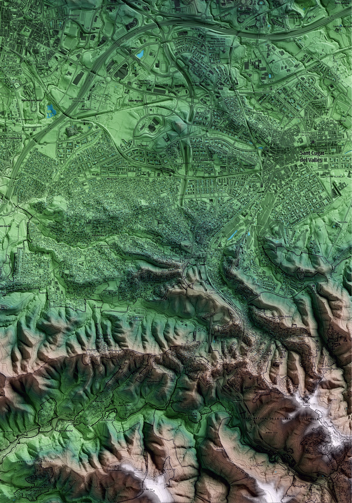 Mapa artístico del relieve de Rubí, al Vallès Occidental, con 15 km de entorno y base topográfica ICGC. Detalle de la zona inferior derecha.