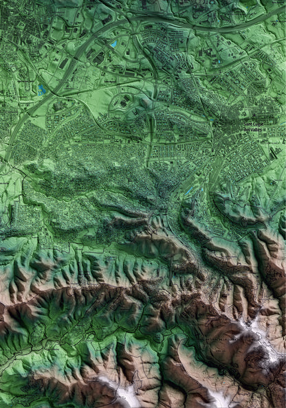 Mapa artístico del relieve de Rubí, al Vallès Occidental, con 15 km de entorno y base topográfica ICGC. Detalle de la zona inferior derecha.