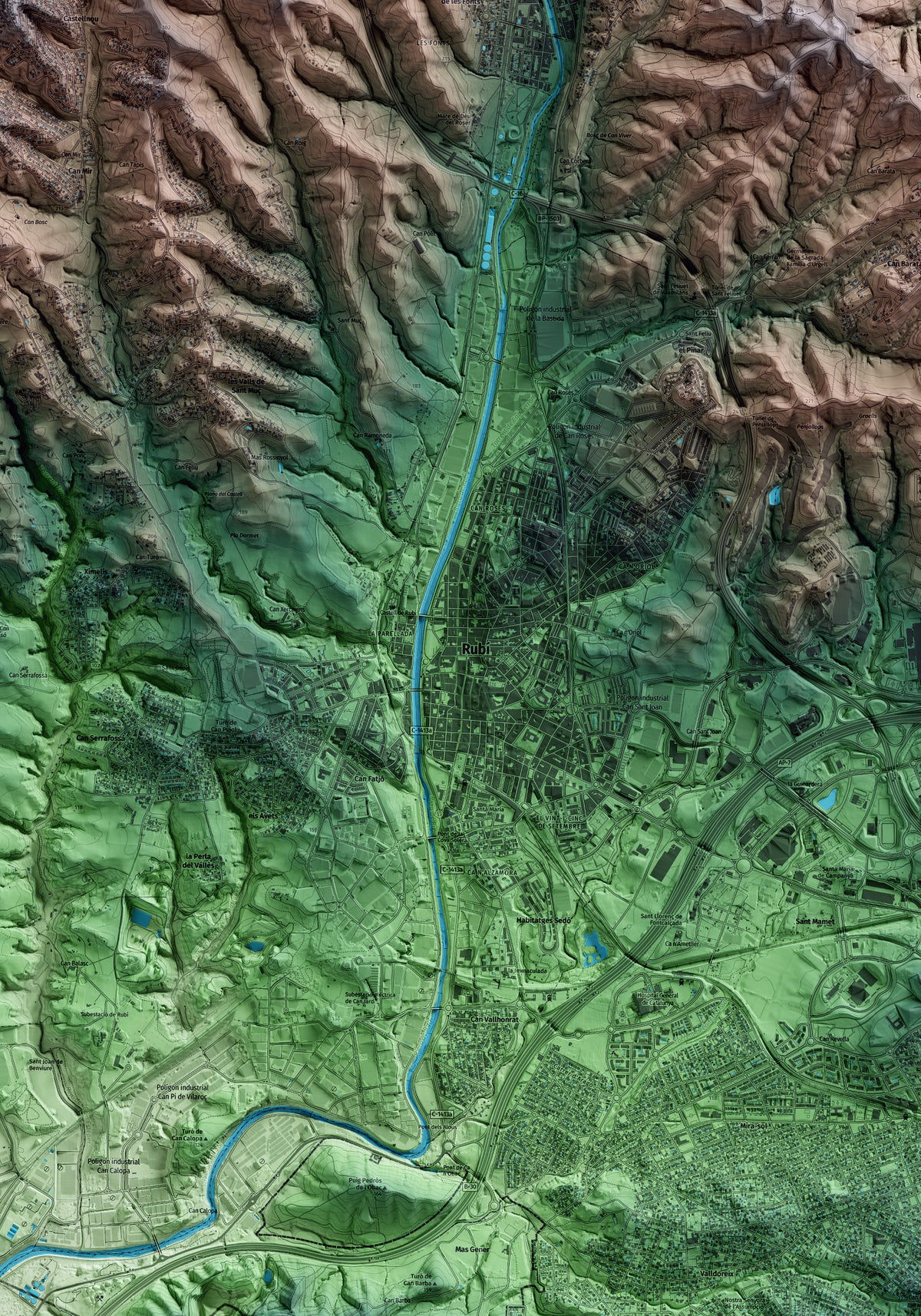 Mapa artístico del relieve de Rubí, al Vallès Occidental, con 15 km de entorno y base topográfica ICGC. Detalle de la zona central.