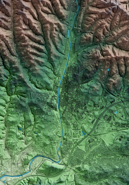 Mapa artístico del relieve de Rubí, al Vallès Occidental, con 15 km de entorno y base topográfica ICGC. Detalle de la zona central.