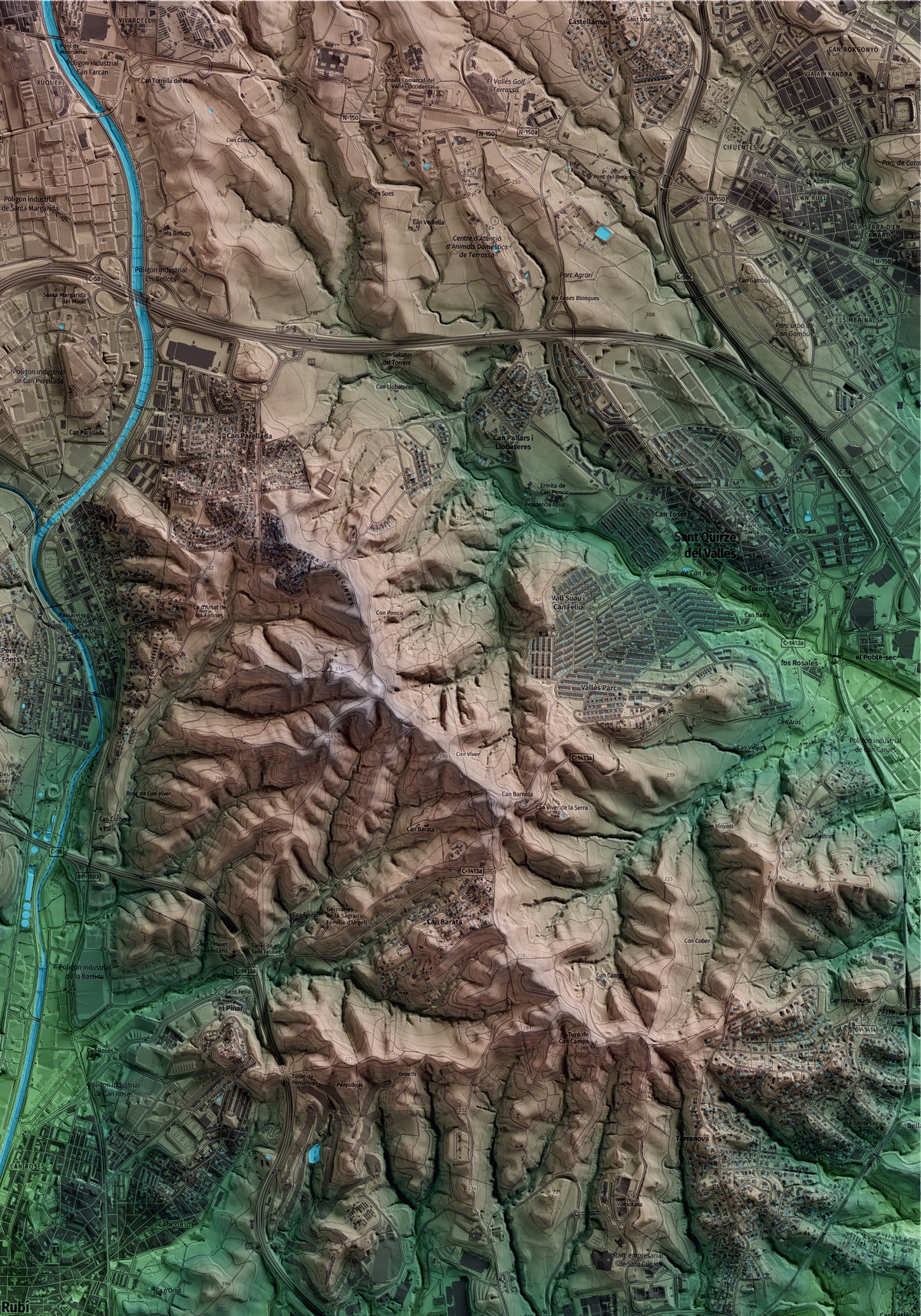 Mapa artístico del relieve de Rubí, al Vallès Occidental, con 15 km de entorno y base topográfica ICGC. Detalle de la zona superior derecha.