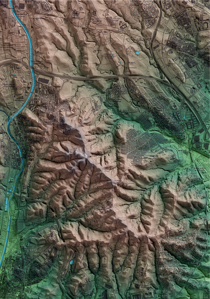 Mapa artístico del relieve de Rubí, al Vallès Occidental, con 15 km de entorno y base topográfica ICGC. Detalle de la zona superior derecha.