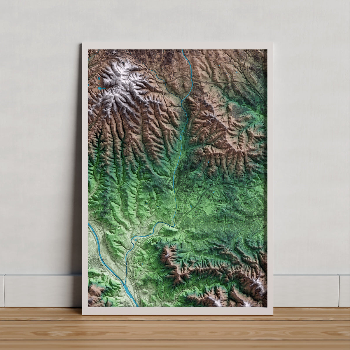 Mapa artístico del relieve de Rubí, al Vallès Occidental, con 15 km de entorno y base topográfica ICGC. Presentación enmarcada.