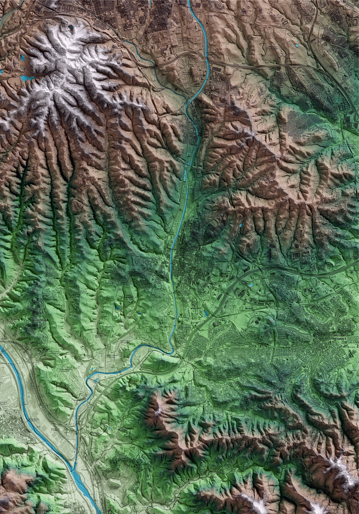 Mapa artístico del relieve de Rubí, al Vallès Occidental, con 15 km de entorno y base topográfica ICGC