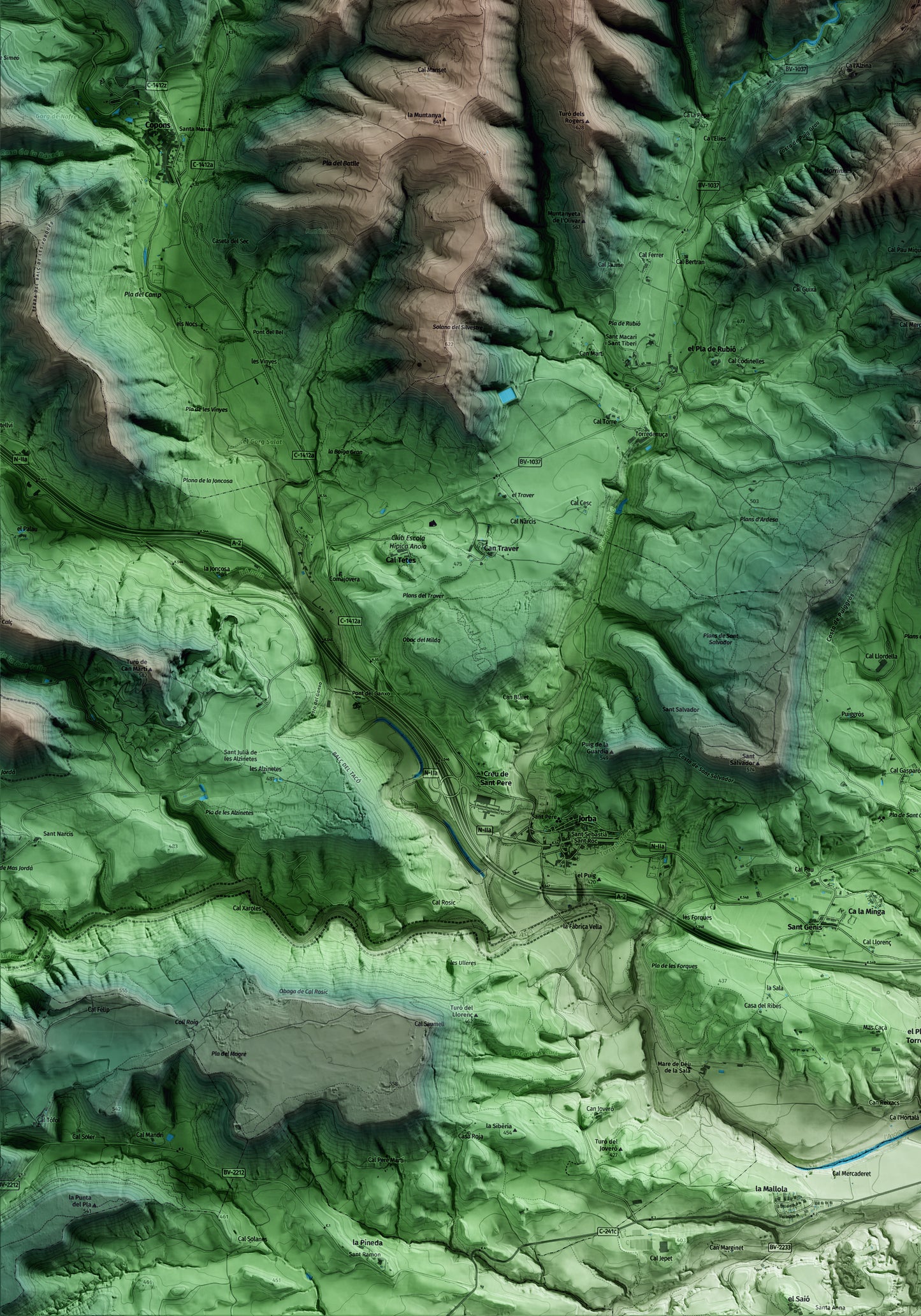 Mapa artístico del relieve de Rubió, al Anoia, con 15 km de entorno y base topográfica ICGC. Detalle de la zona inferior izquierda.