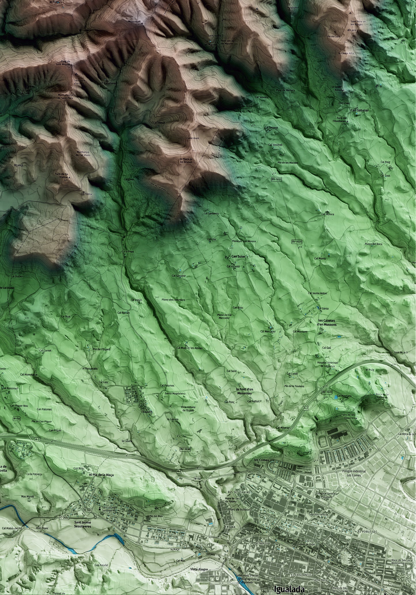 Mapa artístico del relieve de Rubió, al Anoia, con 15 km de entorno y base topográfica ICGC. Detalle de la zona inferior derecha.
