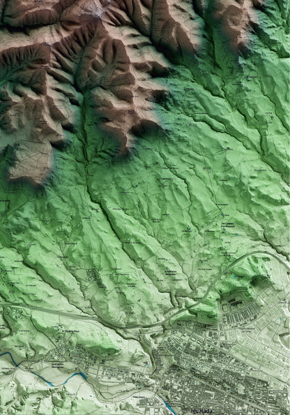 Mapa artístico del relieve de Rubió, al Anoia, con 15 km de entorno y base topográfica ICGC. Detalle de la zona inferior derecha.