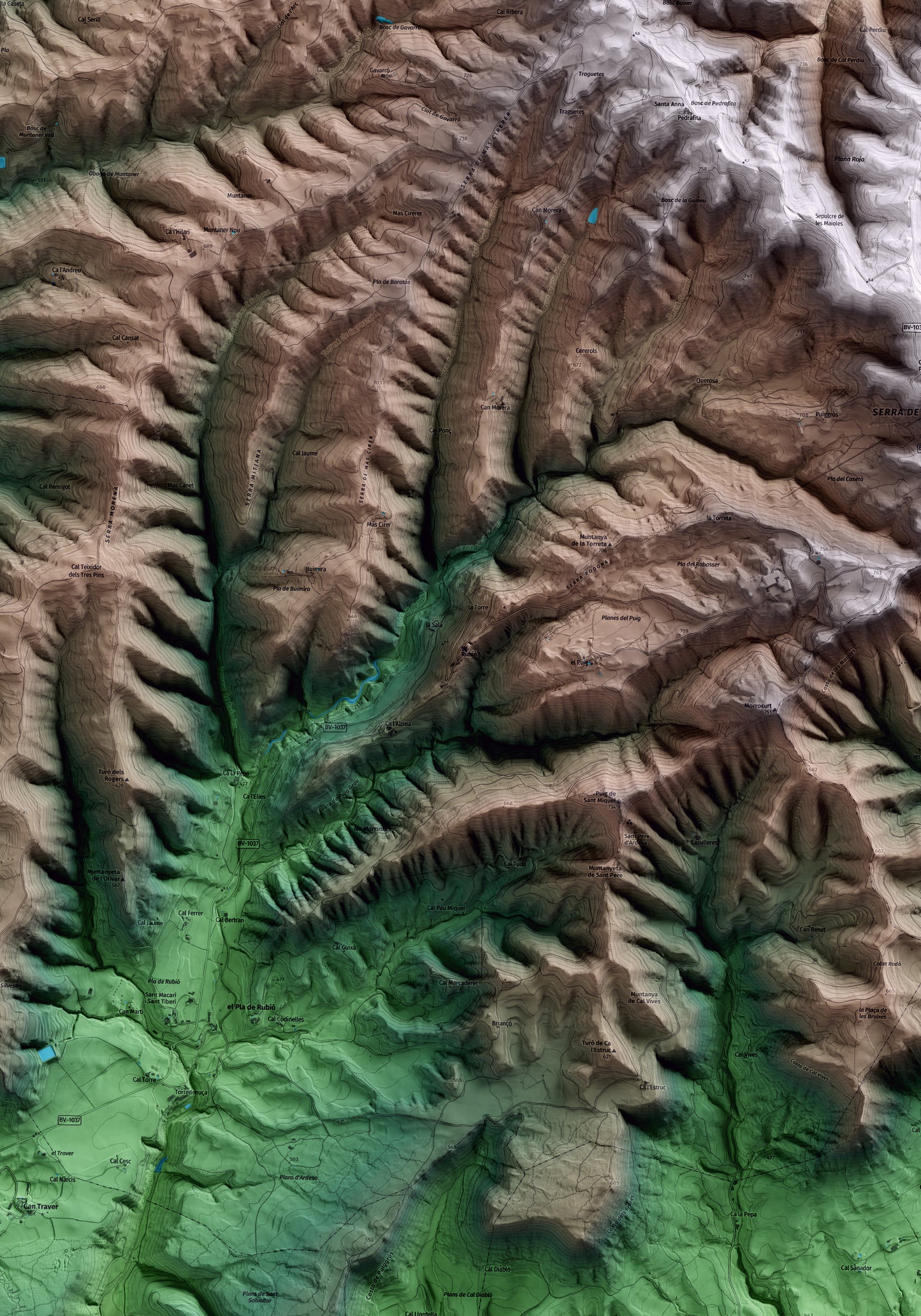 Mapa artístico del relieve de Rubió, al Anoia, con 15 km de entorno y base topográfica ICGC. Detalle de la zona central.