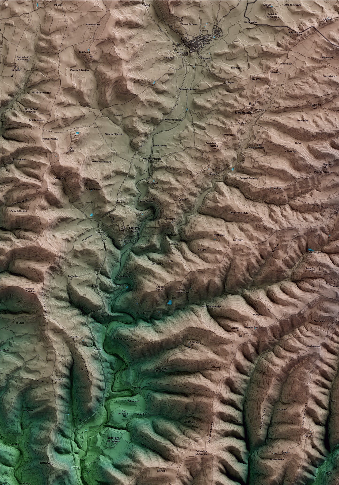 Mapa artístico del relieve de Rubió, al Anoia, con 15 km de entorno y base topográfica ICGC. Detalle de la zona superior izquierda.