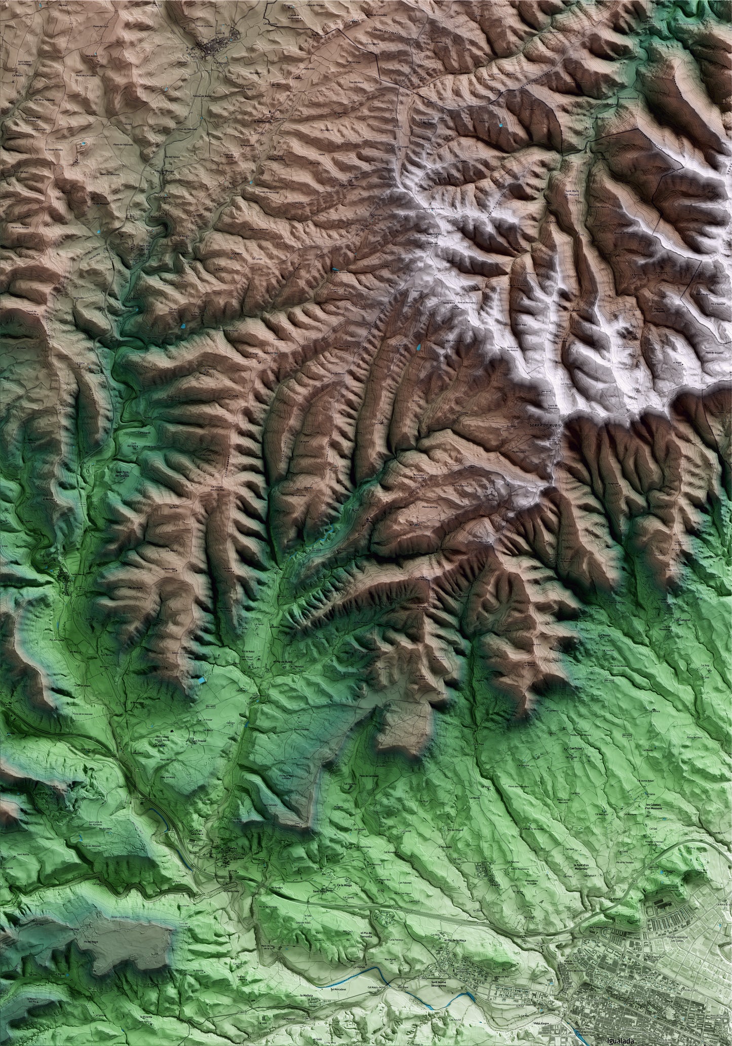 Mapa artístico del relieve de Rubió, al Anoia, con 15 km de entorno y base topográfica ICGC