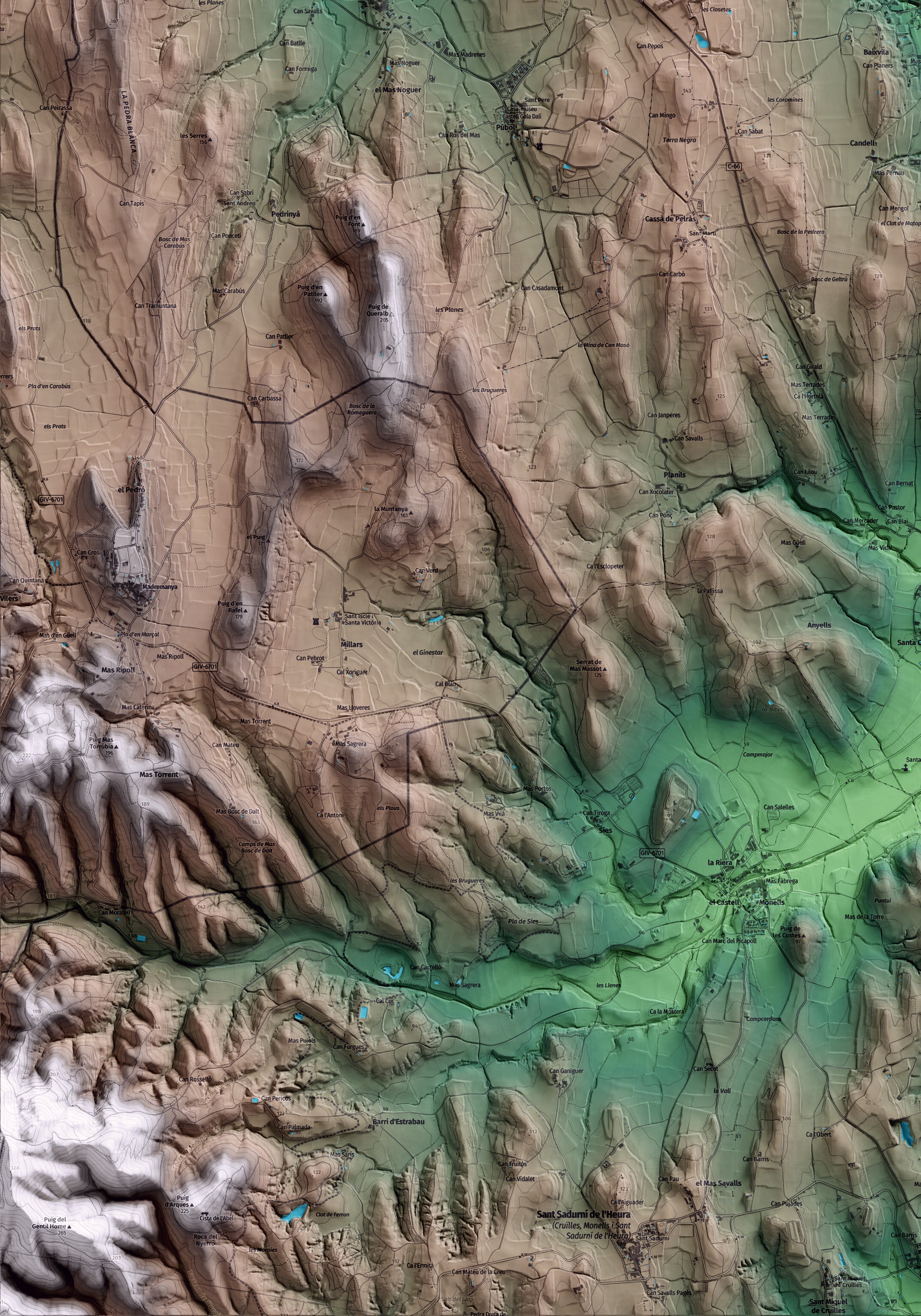 Mapa artístico del relieve de Rupià, al Baix Empordà, con 15 km de entorno y base topográfica ICGC. Detalle de la zona inferior izquierda.