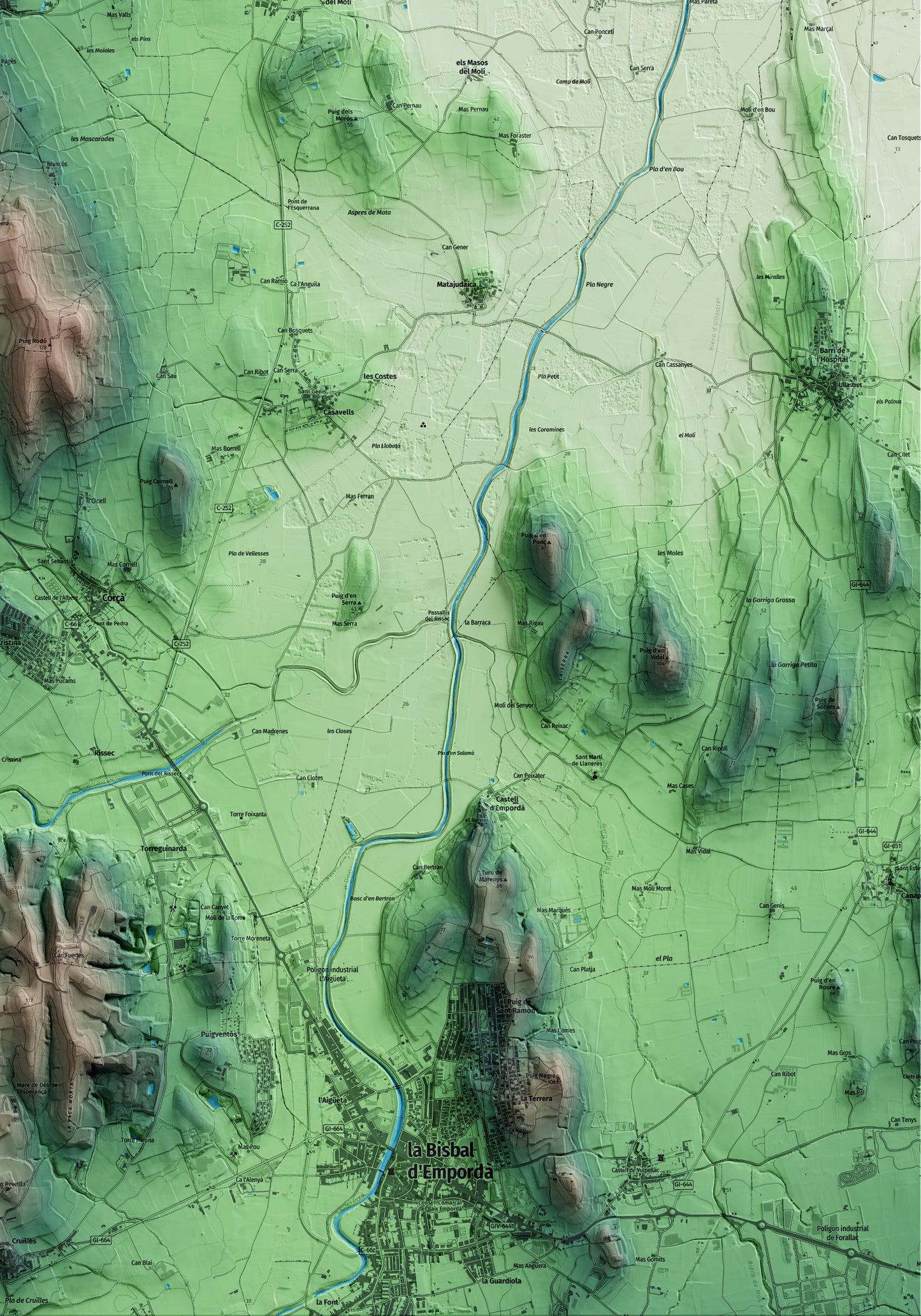 Mapa artístico del relieve de Rupià, al Baix Empordà, con 15 km de entorno y base topográfica ICGC. Detalle de la zona inferior derecha.