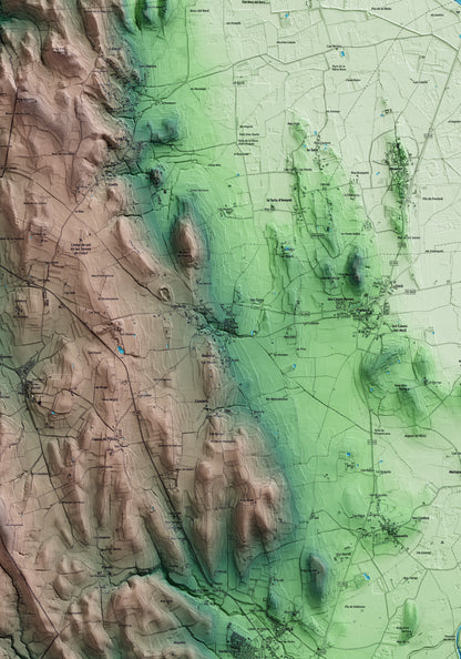 Mapa artístico del relieve de Rupià, al Baix Empordà, con 15 km de entorno y base topográfica ICGC. Detalle de la zona central.