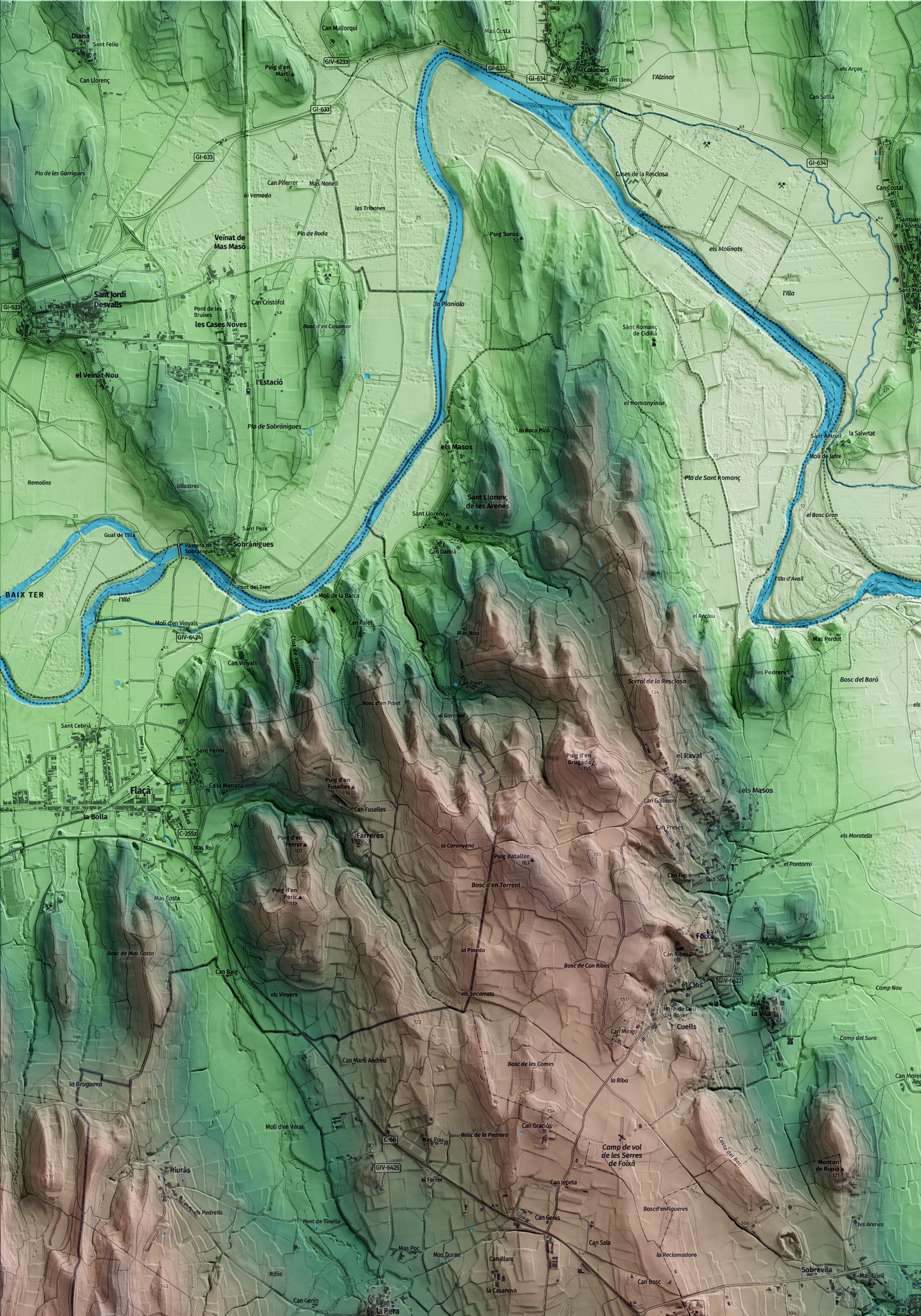 Mapa artístico del relieve de Rupià, al Baix Empordà, con 15 km de entorno y base topográfica ICGC. Detalle de la zona superior izquierda.