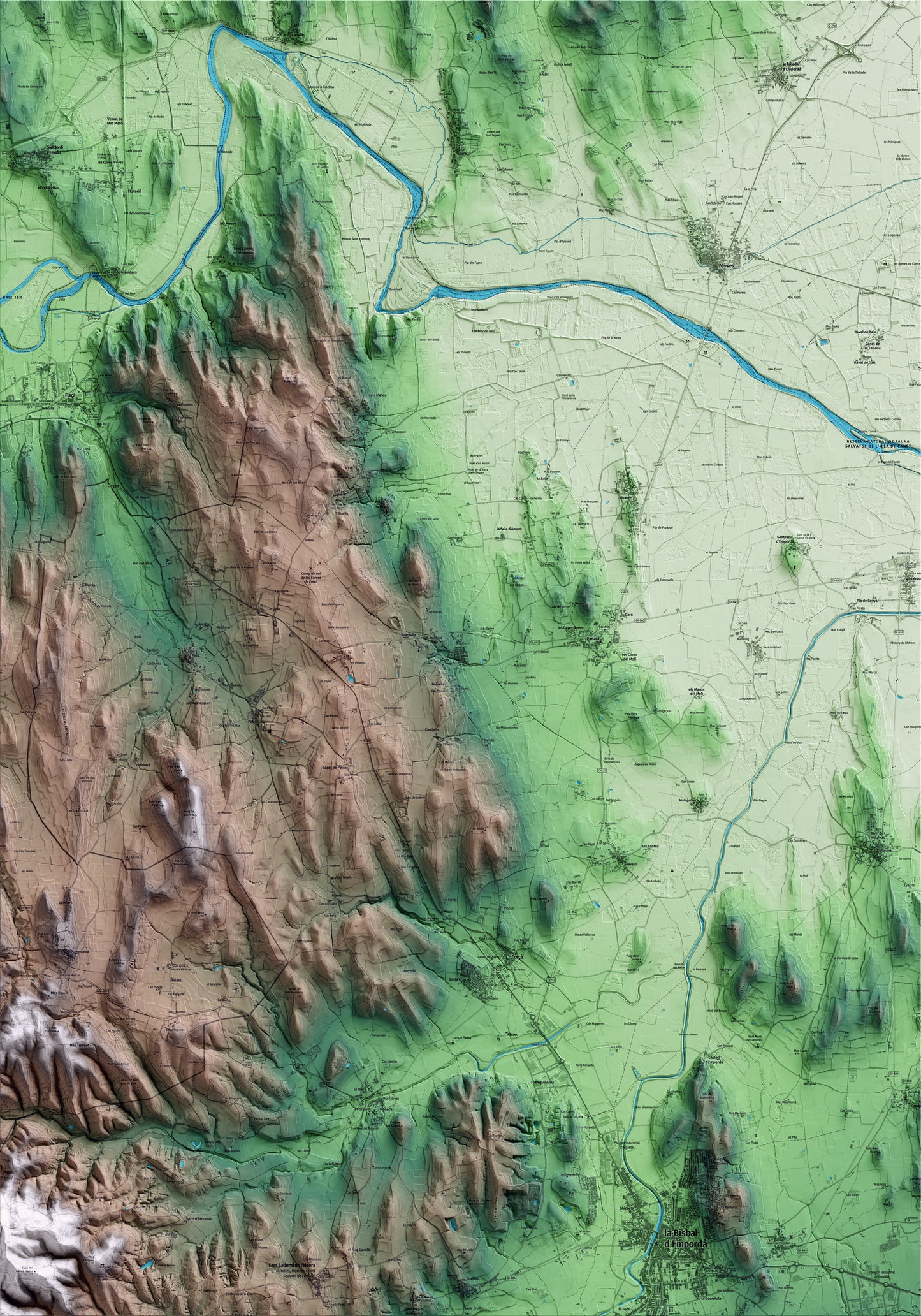 Mapa artístico del relieve de Rupià, al Baix Empordà, con 15 km de entorno y base topográfica ICGC