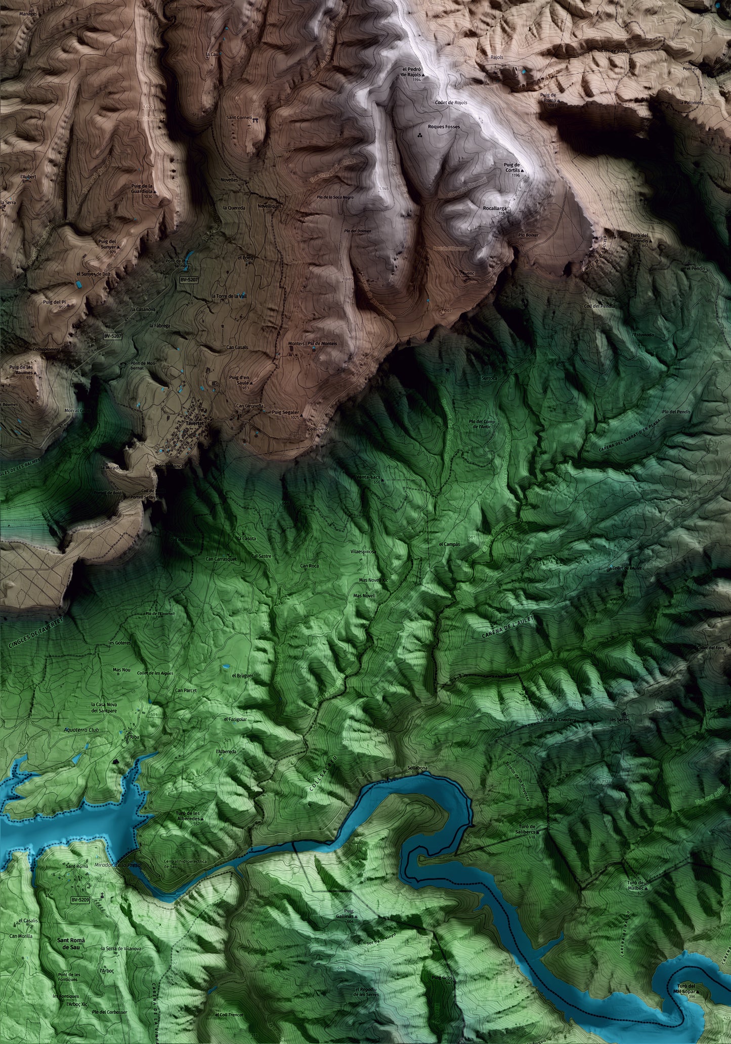 Mapa artístico del relieve de Rupit i Pruit, a Osona, con 15 km de entorno y base topográfica ICGC. Detalle de la zona inferior izquierda.