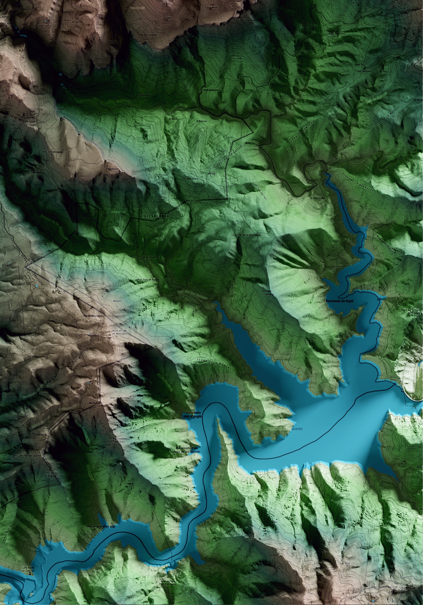 Mapa artístico del relieve de Rupit i Pruit, a Osona, con 15 km de entorno y base topográfica ICGC. Detalle de la zona inferior derecha.