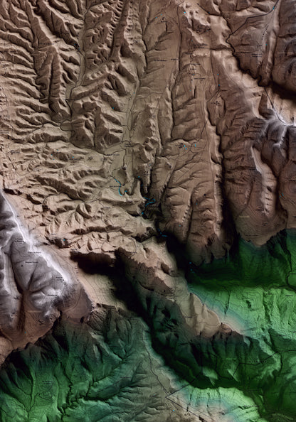 Mapa artístico del relieve de Rupit i Pruit, a Osona, con 15 km de entorno y base topográfica ICGC. Detalle de la zona central.