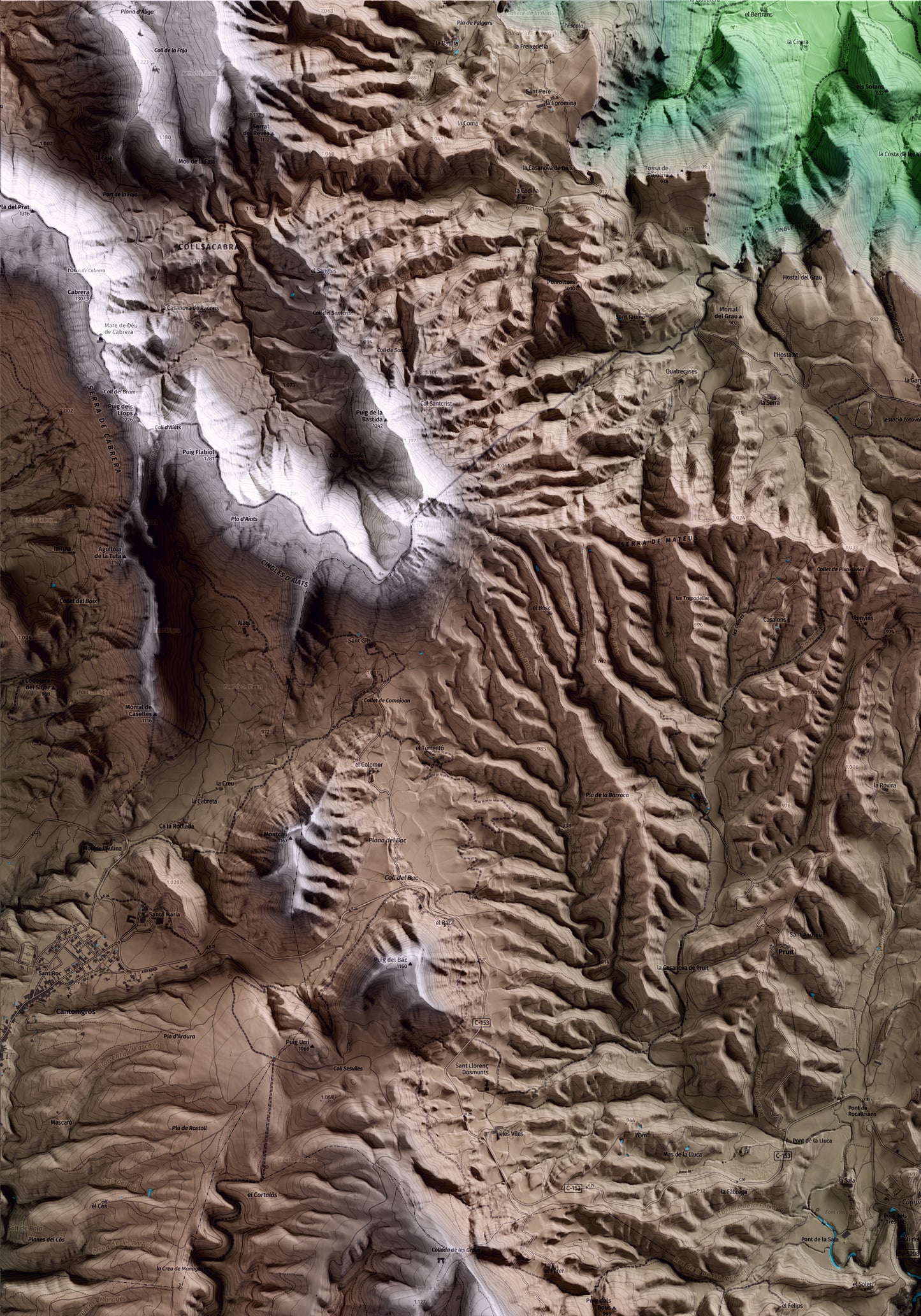 Mapa artístico del relieve de Rupit i Pruit, a Osona, con 15 km de entorno y base topográfica ICGC. Detalle de la zona superior izquierda.