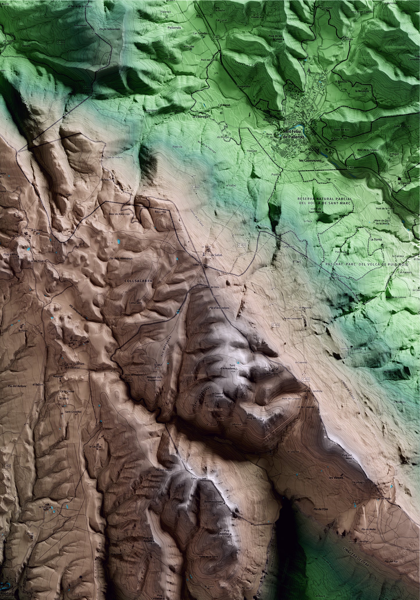 Mapa artístico del relieve de Rupit i Pruit, a Osona, con 15 km de entorno y base topográfica ICGC. Detalle de la zona superior derecha.